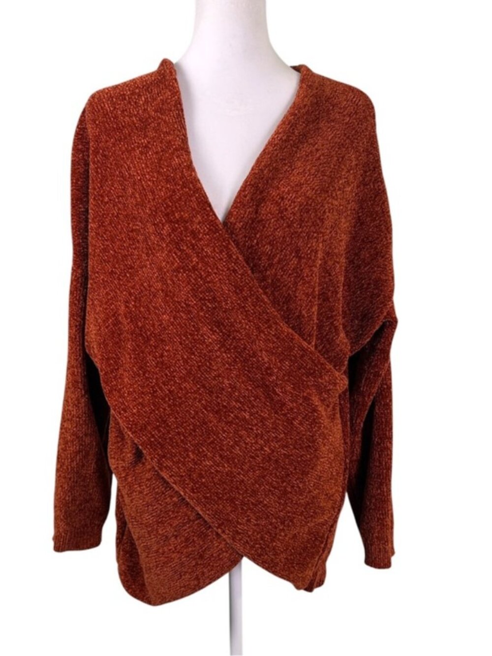 All In Favor Rust Chenille Faux Wrap Sweater Medium Soft Cozy Pullover - Picture 2 of 12